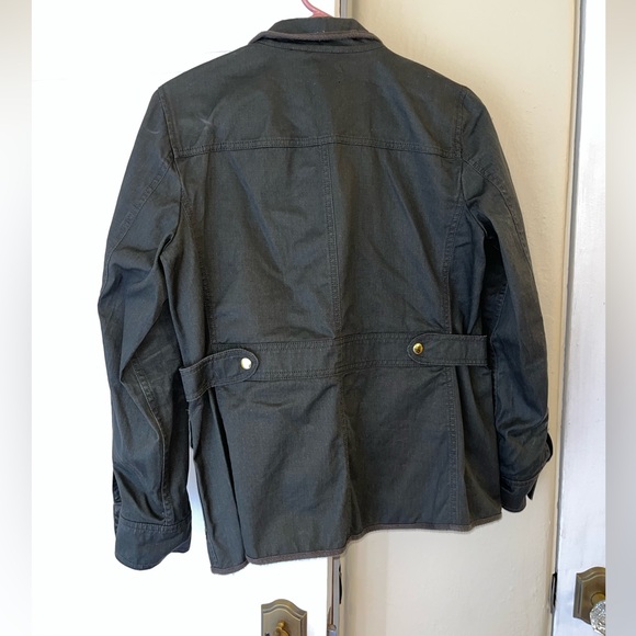 J Crew Olive Green Women's resin coated twill field Jacket size petite Medium - Picture 2 of 3
